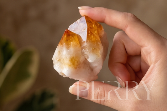 Raw citrine cluster in warm golden amber tones, natural quartz gemstone, Perry Bijoux