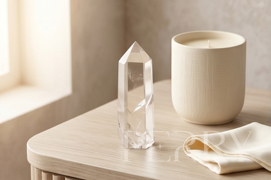 Clear quartz crystal cluster, transparent natural stone with prismatic clarity, Perry Bijoux
