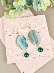 Banded Green Agate Statement Drop Earrings – 14k Gold Plated | Perry Bijoux