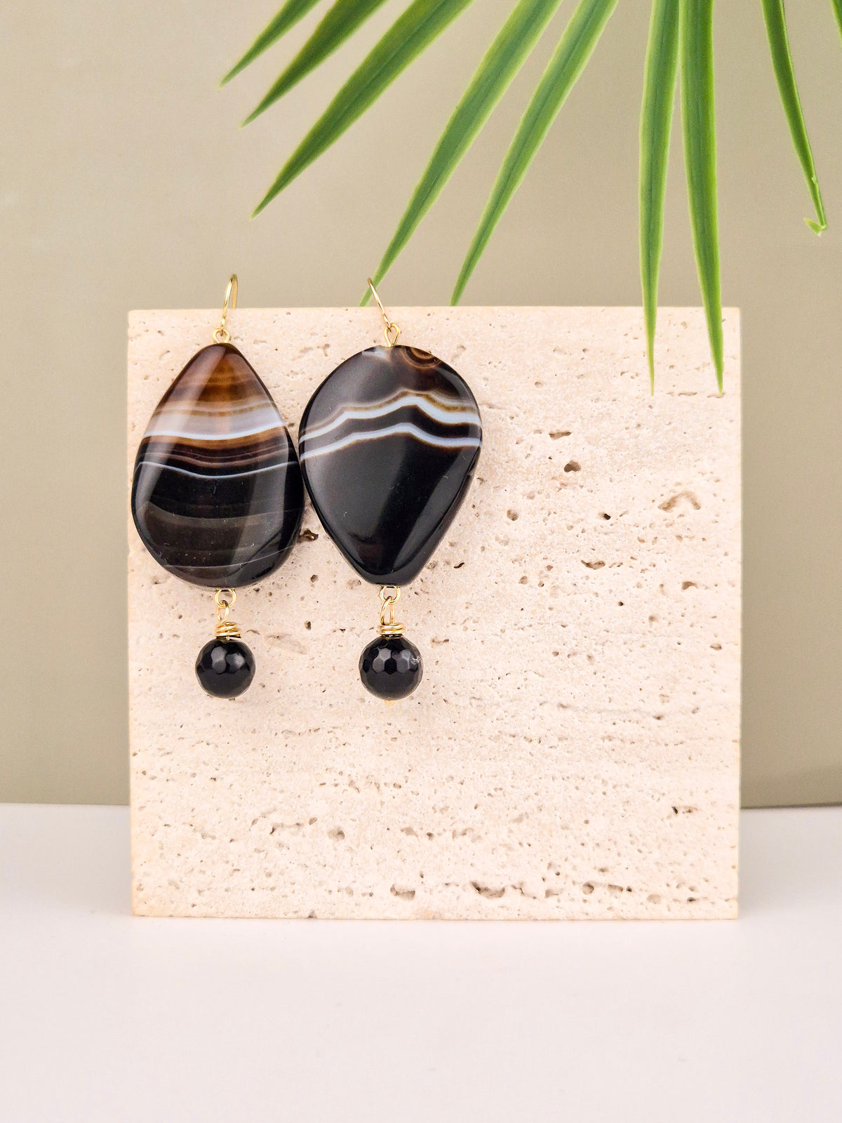 Banded Black Agate Statement Drop Earrings – 14k Gold Plated | Perry Bijoux