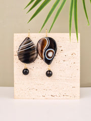 Banded Black Agate Statement Drop Earrings – 14k Gold Plated | Perry Bijoux