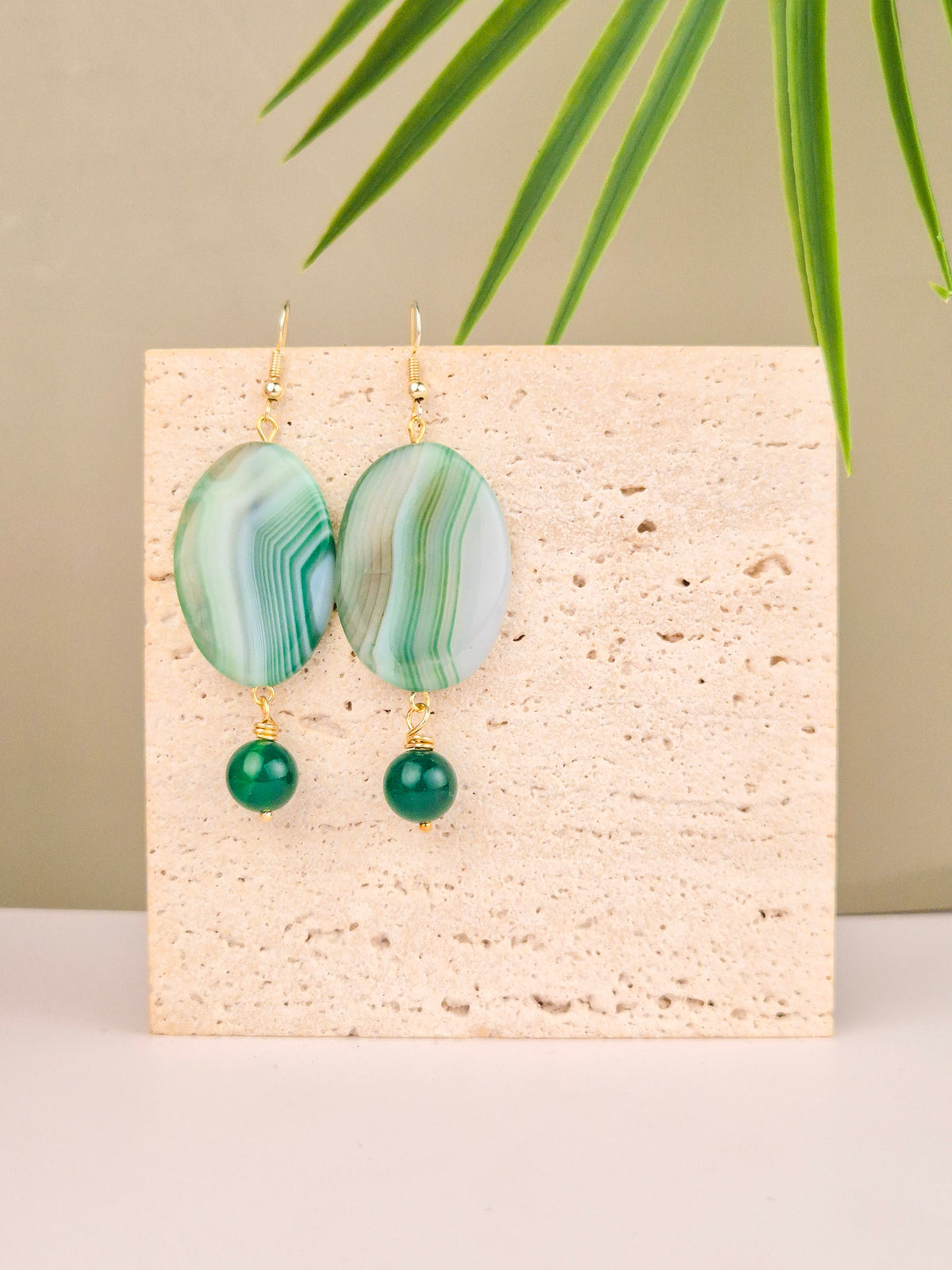 Banded Green Agate Statement Drop Earrings – 14k Gold Plated | Perry Bijoux
